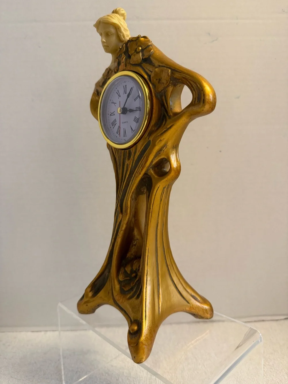 Art Nouveau Woman with Flowers Mantel Clock Poly Dragon Designed in U.K. Quartz